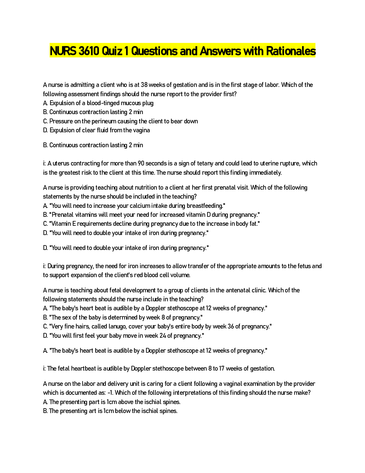 Preview of NURS 3610 Quiz 1 Questions and Answers with Rationales